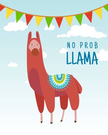 Cool cartoon doodle alpaca lettering quote with No prob llama. Funny wildlife animal on cactus background, lama quotes vector concept illustration.のイラスト素材