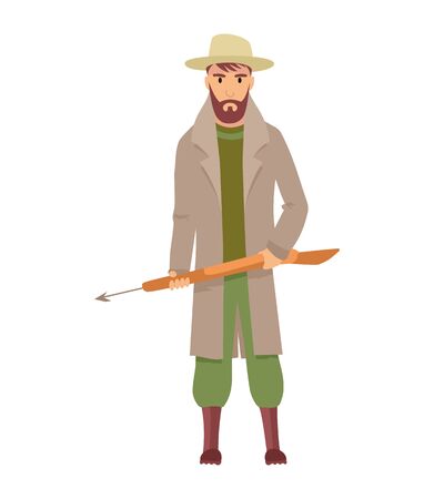Fisherman flat icons. Fishing people with fish and equipment vector set. Fishing equipment, leisure and hobby catch fish illustration.のイラスト素材