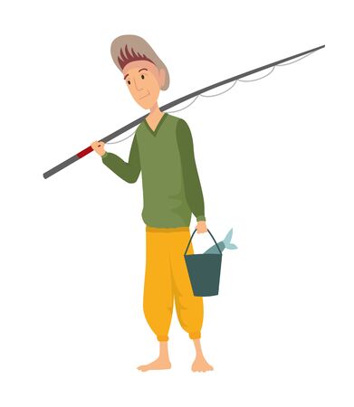 Fisherman flat icons. Fishing people with fish and equipment vector set. Fishing equipment, leisure and hobby catch fish illustration.のイラスト素材