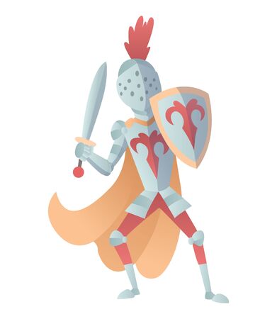 Medieval Knight In Full Armor Flat Illustration. The comic caricature. Funny Cartoon Knight.のイラスト素材