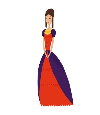 Renaissance clothing vector woman character in medieval fashion vintage dress. Historical royal clothes illustration. Baroque people in artistic costume cloth isolated on white backgroundのイラスト素材