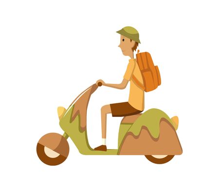 Vector modern creative flat design illustration featuring young man commuting on retro scooter. Man riding classic looking moped, side viewのイラスト素材