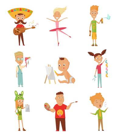 Set of kid activity, kid painting a picture, playing a guitar, Dancing Ballet, cutting color paper, sings a song. Vector and illustration.のイラスト素材