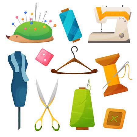 Vector sewing tools. Kit for needlework and embroidery. Illustration with needle, thread, scissors, buttons, pin, spool. Hobby accessories. Tailoring fashion pin craft needlework. Vector illustrationのイラスト素材