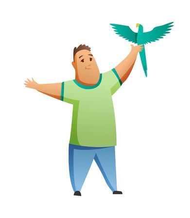 Boy with parrot isolated on white background. Holding their domestic animal. Male flat cartoon character. Colorful vector illustrationのイラスト素材