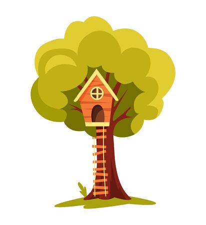 Tree house. Children playground with swing and ladder. Flat style vector illustration. Tree house for playing and parties. House on tree for kids. Wooden town, rope park between green foliageのイラスト素材