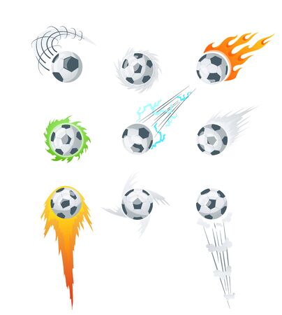 Football or soccer balls with motion trails in black and white for sporting emblems design. Collection of soccer balls with curved color motion trails vector illustrationsのイラスト素材