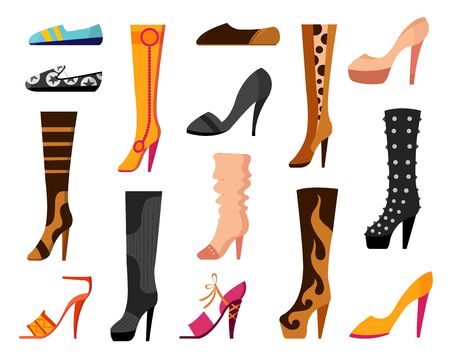 Set with different types of trend womens shoes ballets, sneakers, boots, flats, pumps. Vector illustration.のイラスト素材