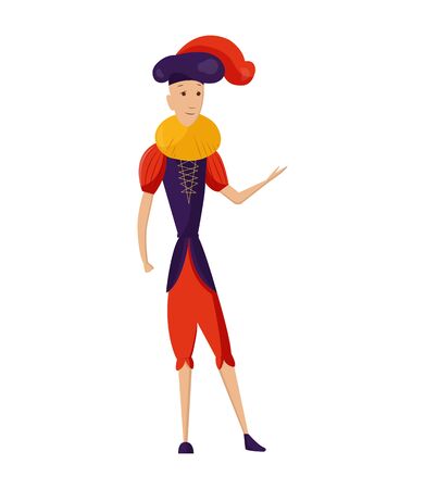 Renaissance clothing vector man character in medieval fashion vintage dress. Historical royal clothes illustration. Baroque people in artistic costume cloth isolated on white backgroundのイラスト素材