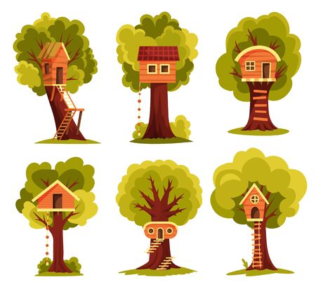 Set of tree house. Children playground with swing and ladder. Flat style vector illustration. Tree house for playing and parties. House on tree for kids. Wooden town, rope park between green foliageのイラスト素材