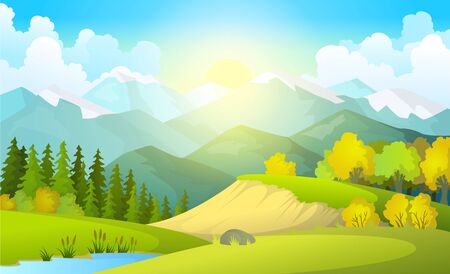 Vector illustration of beautiful summer fields landscape with a dawn, green hills, bright color blue sky, country background in flat cartoon style bannerのイラスト素材