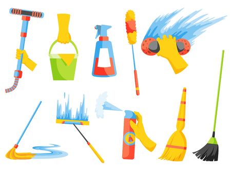 Vector of Domestic housework. Household Cleaning Equipments. Cleaning kit. A set of colorful icon collection isolated on white background.のイラスト素材