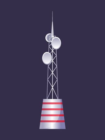 Wireless tower. Tv radio network communication satellite antena signal vector pictures. Communication tower. Cellular broadcasting tv wireless radio antena satellite constructionのイラスト素材