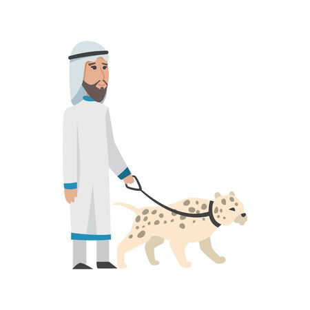 Successful Arab man in white clothes. Vector cartoon smiling Islamic businessman dressed in traditional clothes. Vector man with charts, animal, bag, smartphone, gold-silver, diamond, dollar, euro.のイラスト素材