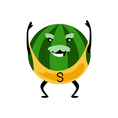 Sport strong watermelon character. Funny fruit food on sport exercises, fitness vitaminic human healthy nutrition vector illustration.のイラスト素材