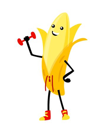 Sport banana character with dumbbell. Funny fruit food on sport exercises, fitness vitaminic human healthy nutrition vector illustrationのイラスト素材