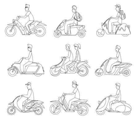 Vector modern creative flat design illustration featuring young man commuting on retro scooter. Man riding classic looking moped, side view. Set of vector styled scooterのイラスト素材
