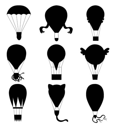 Flat illustration of hot air-balloons. Collection of diferent typs cartoon animals and burn colorful flying entertainment festival balloons outdoor. Travel, sky transport illustrationのイラスト素材