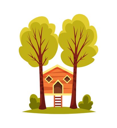 Tree house. Children playground with swing and ladder. Flat style vector illustration. Tree house for playing and parties. House on tree for kids. Wooden town, rope park between green foliage.のイラスト素材
