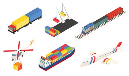 Element of Global logistics network. Vector illustration. Different type of transport. Air cargo plane, rail transportation on train, maritime shipping large ships, truk and port with containerのイラスト素材