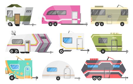 Flat vector set of classic camper vans and trailers. Recreational vehicles. Home on wheels. Comfort cars, Caravan van for RV Family trip to nature. Vector illustration for web design or print.のイラスト素材