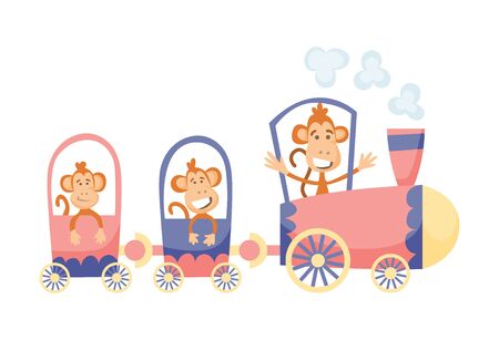Cartoon set with different animals on trains. Monkeys. Flat vector elements for postcard, book or print.のイラスト素材