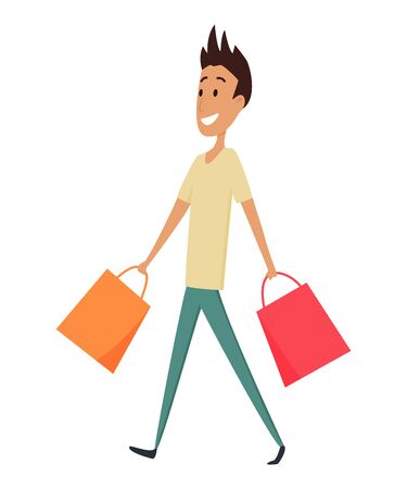 Shopping Man character with paper bags in his hands. Smile with pleasure of purchase perfect goods. Good for sales and discounts. Vector concepts. Flat design.のイラスト素材