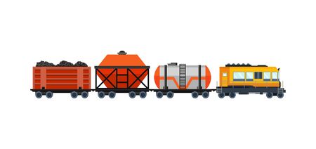 Freight train cargo cars with Container and box freight train. Rolling stock transport illustration set. Logistics heavy railway transport design elements. Flat style vector illustrationのイラスト素材