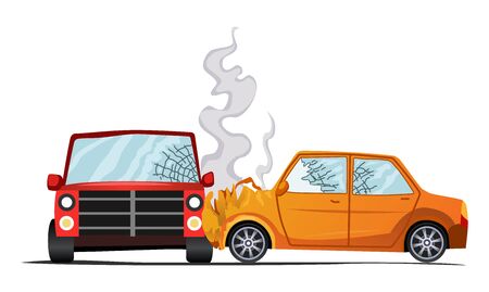 Accident on road. Car damaged vehicle. Illustration of crash vehicle, damage auto. Insurance case. Vector broken cartoon autoのイラスト素材