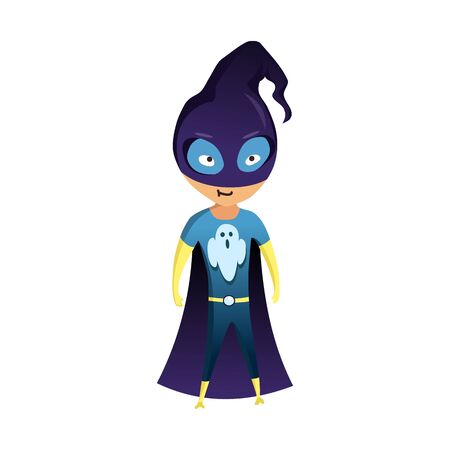 Kid Dressed as Superhero. Cute superhero kid in colorful costume. Funny Flat Isolated kid wearing superhero costume. Movie characterのイラスト素材