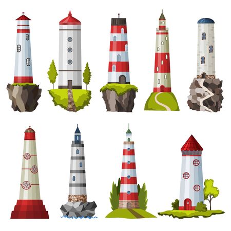 Big set flat isolated lighthouses. Cartoon landscape. Searchlights towers for maritime navigational guidance. Architecture objectsのイラスト素材