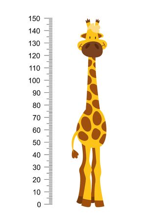 Cheerful funny giraffe with long neck. Height meter or meter wall or wall sticker from 0 to 150 centimeters to measure growth. Childrens vector illustrationのイラスト素材