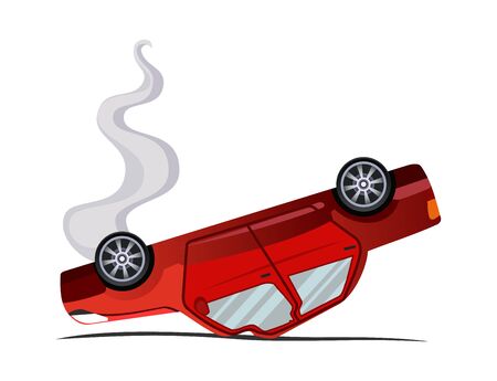Accident on road. Inverted machine after collision. Illustration of crash vehicle, damage auto. Insurance case. Vector broken cartoon autoのイラスト素材