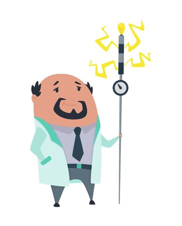 Mad professor in lab coat. Crazy scientist stereotype. Doctor research in a laboratory lab. Evil scientist. Vector illustration isolated on white background.のイラスト素材