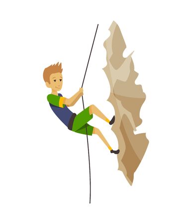 Boy climbing on a rock mountain with equipment. Extreme outdoor sports. Climbing the mountains. Vector illustration.のイラスト素材
