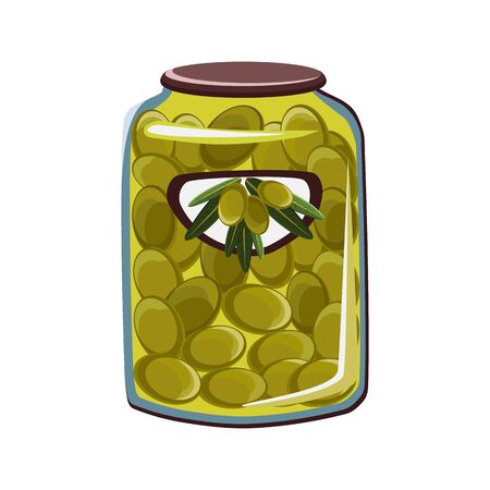 Green olives in glass jar flat vector illustration. Isolated Tinned goods for advertising placard or banner. Premium quality organic canned olives. Natural design elementのイラスト素材