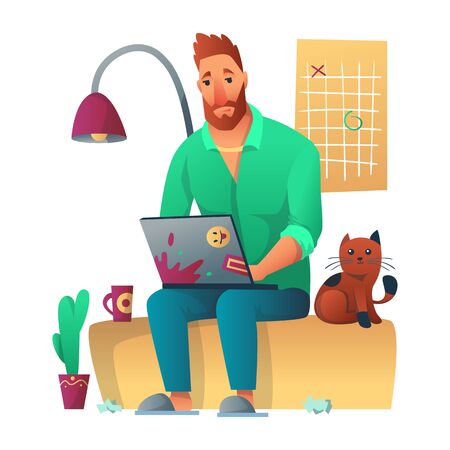 Tired freelance worker working with laptop seatung at sofa in home. Next to him sits cat, graphic on the wall, cactus, lamp and a paper debris. Freelancer morning planning, routine vector concept.のイラスト素材