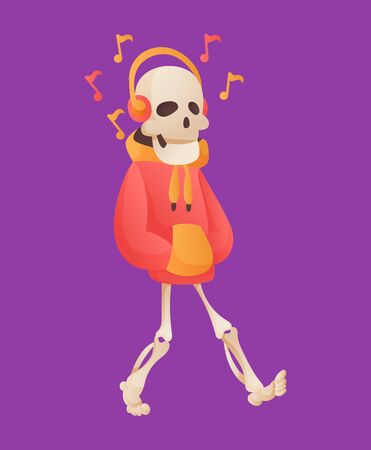 Funny cartoon skeleton listened music in headphone. Vector bony character. Human bones illustration skeletal. Dead man on color backgroundのイラスト素材
