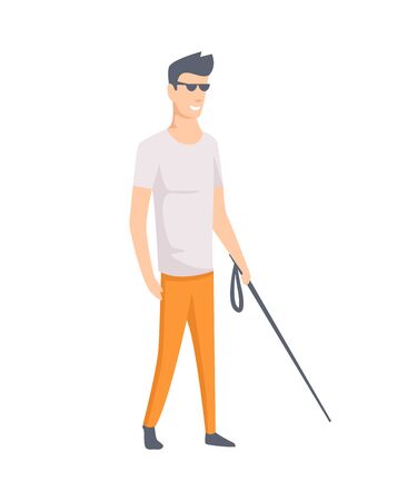 Young blind guy with stick. Young handicapped person. Vector illustration of a flat design.のイラスト素材