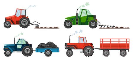 Set if farm tractors cultivates the land or carries a trailer. Heavy agricultural machinery for field work transport for farm in flat style. Isolated flat style, vector illustration.のイラスト素材