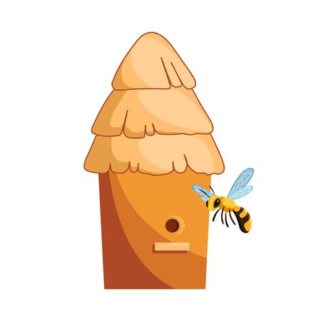 Traditional Wood Hive For Bees with bees around it. Illustration of a cartoon wooden beehive, for beekeeping agriculture.のイラスト素材