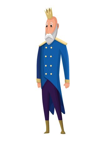 Cartoon king wearing crown and mantle. Kingin standing military uniform. Color vector illustrationのイラスト素材
