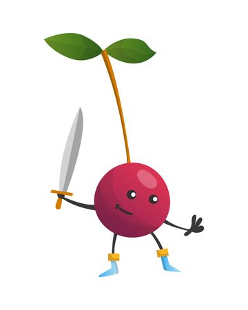 Cartoon superhero chery. Fruit with sword. Cute childish cartoon character. Funny cartoon fruit in superhero costume. Logo concept of healthy diet. Vector illustrationのイラスト素材
