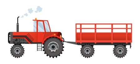 Red farm tractor which carries a trailer. Heavy agricultural machinery for field work transport for farm in flat style. Farm tractor icon. Isolated flat style, vector illustration.のイラスト素材