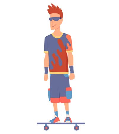 Young handsome man riding an skateboard, modern outdoor transport, standing pose. People riding electric. Design for rent service a quick eco ride. Vector illustration in flat styleのイラスト素材