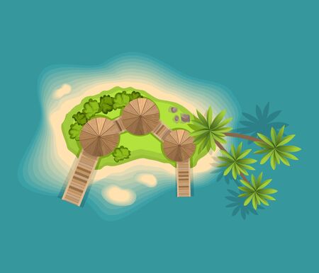 Top view island. View from a height on a tropical island in the ocean. Vector cartoon tropical paradise sea island shore. Good sunny dayのイラスト素材