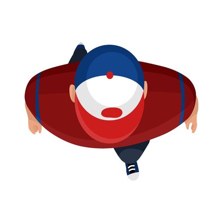 Top View People. Young man with hat on white background from top view. People walk. View from above. Simple flat cartoon vector design illustration.のイラスト素材