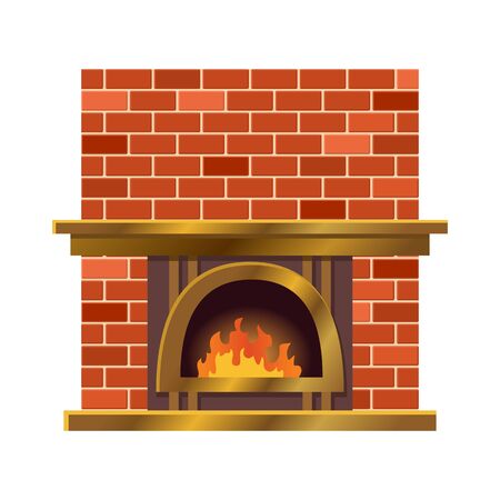 Vector home fireplace with fire. Vintage design of stone oven with fireside. Flat icon design. Illustration isolated on white backgroundのイラスト素材
