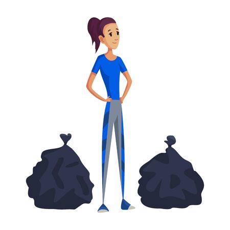 Young woman with two packages. Garbage collection. Volunteer collect garbage. Plastic pollution awareness, environment protection and eco themed designのイラスト素材