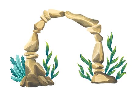 Underwater sandstone arch. Natural underwater seascape. Marine green algae part of the seabedのイラスト素材